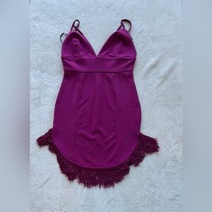 Missguided Magenta Fringe Hem Mini Dress Size 2 Womens Party Dress VNeck Bodycon